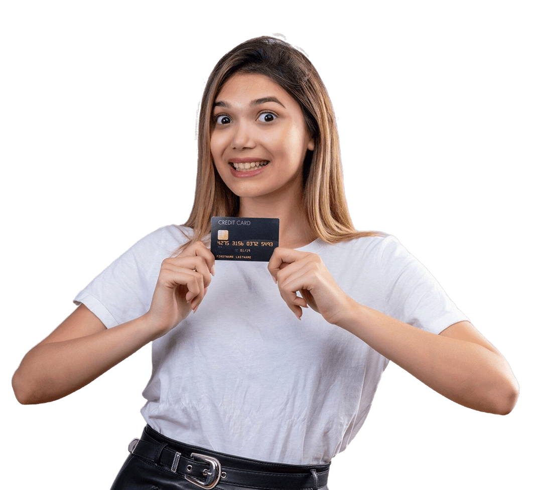 Hero image - woman smiling and holding credit card